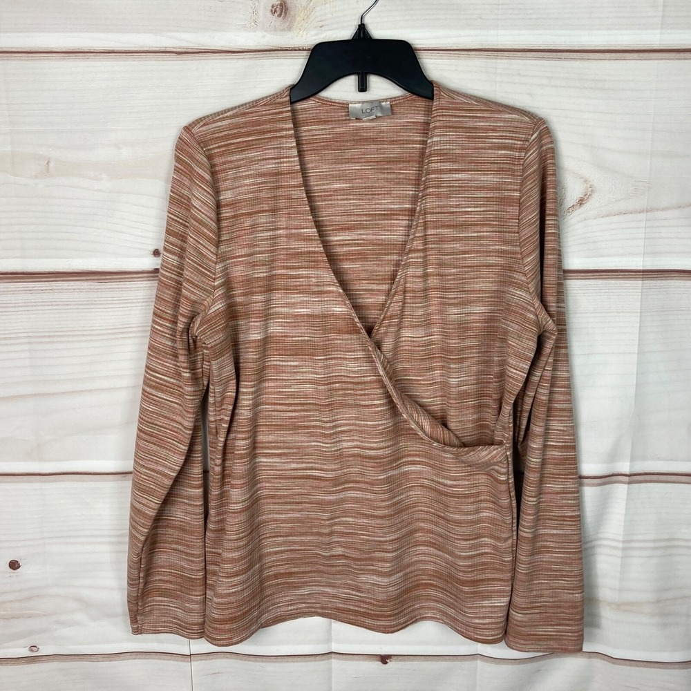 LOFT Outlet Top Womens XL Pink‎ Brown Ribbed Knit Faux Wrap Long Sleeve Pullover